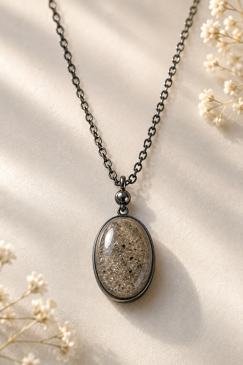 Gunmetal oval resin memorial necklace with cremated remains in clear resin and gunmetal chain