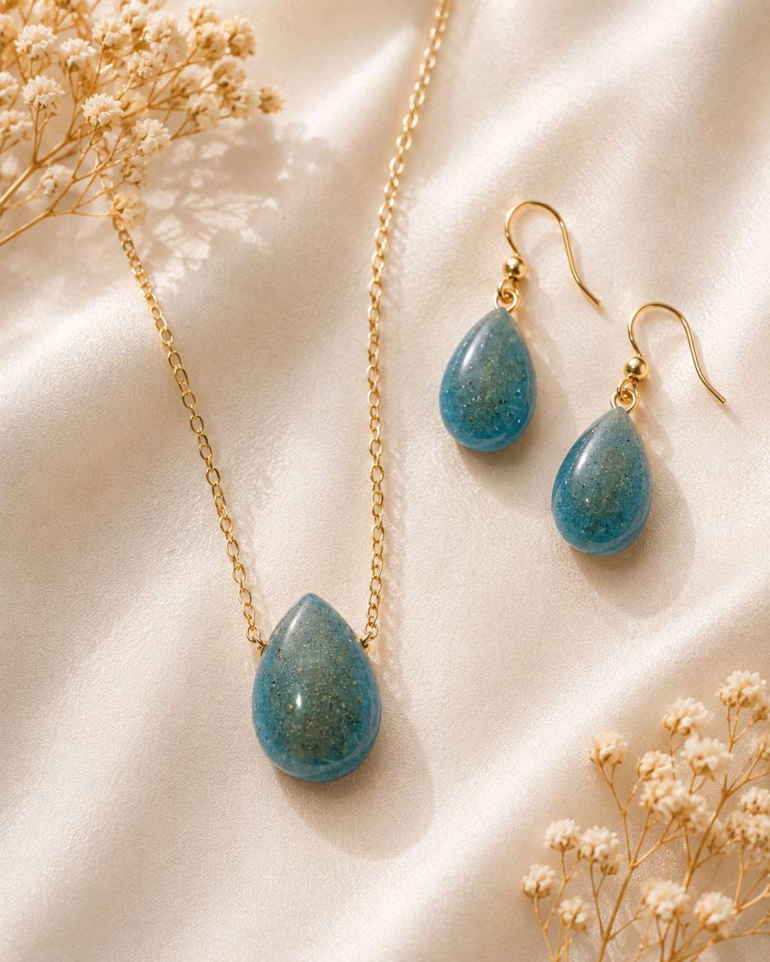 Ocean blue teardrop resin memorial necklace and drop earring set with gold-tone hardware and cremated remains