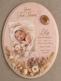 Custom oval wood memorial plaque with laser engraving, photo mounting, dried floral arrangement, and cremation resin ash orb
