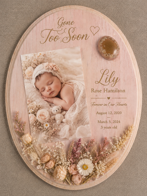 Custom oval wood memorial plaque with laser engraving, photo mounting, dried floral arrangement, and cremation resin ash orb