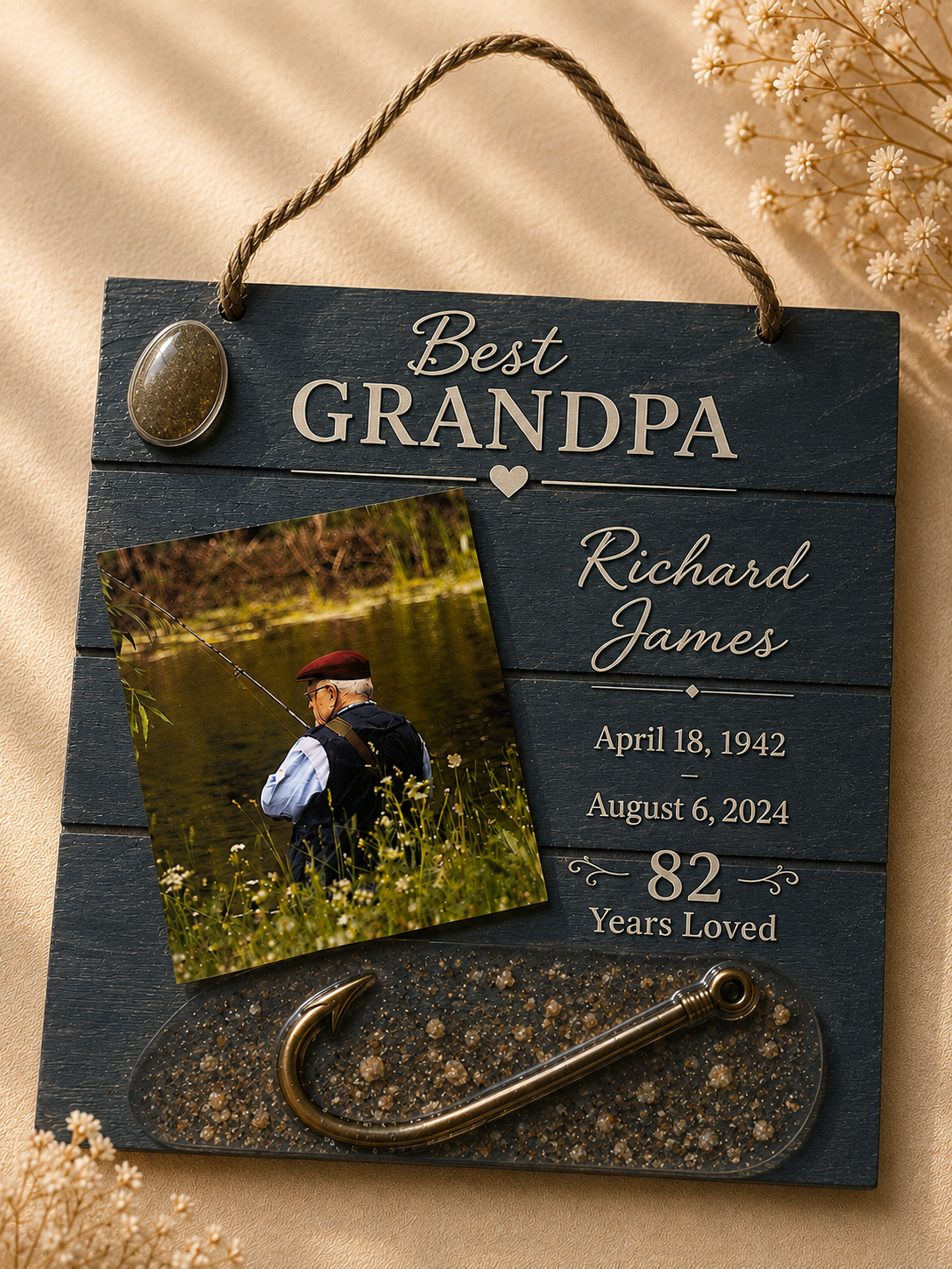 Personalized navy hanging memorial plaque with custom title, name, dates, photo, fishing hook resin keepsake, and cremated remains orb