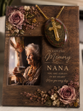 Large dark walnut wood memorial plaque with photo, laser engraving, dried florals, oval resin ash pendant, and gold cross charm