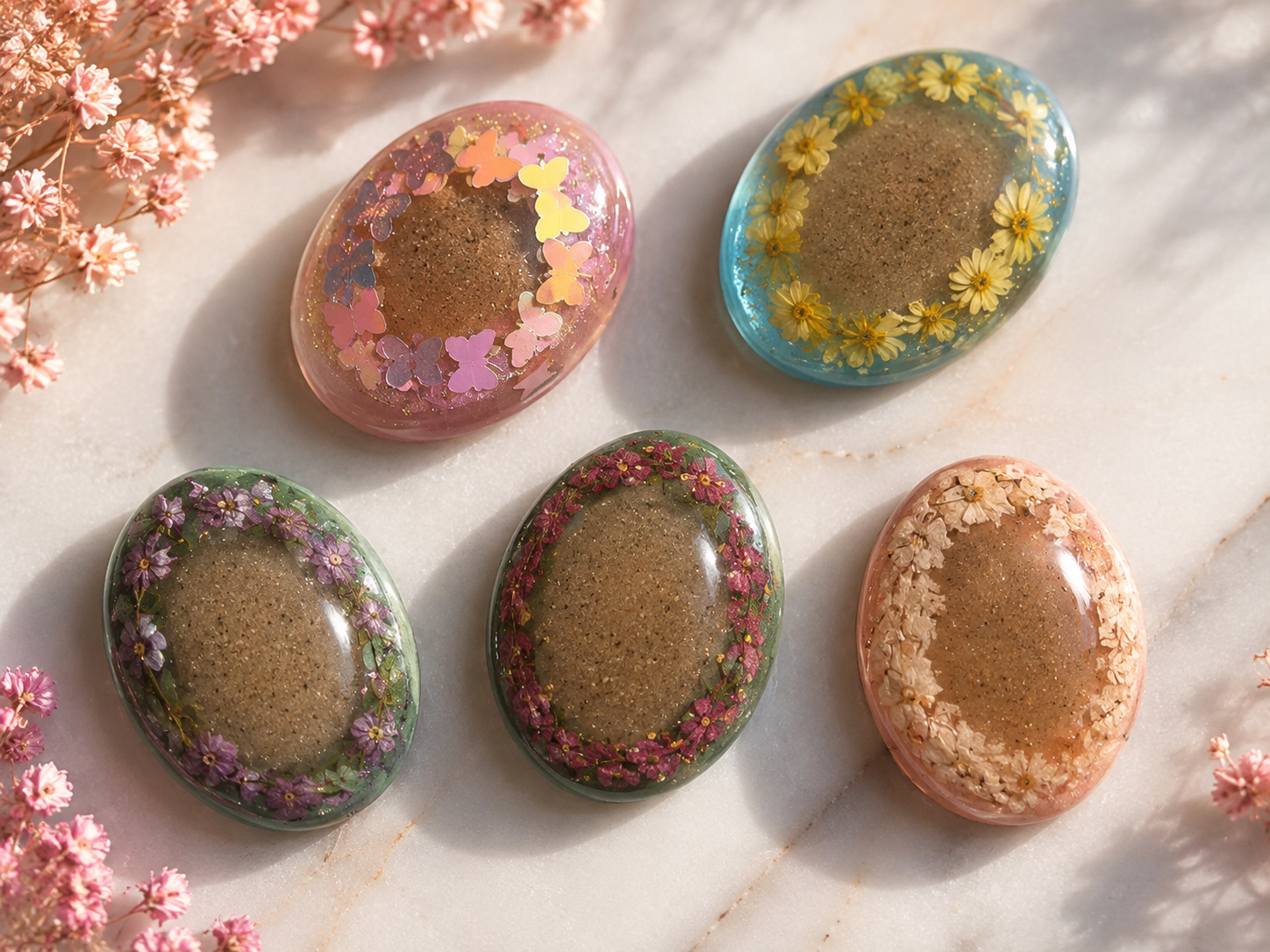 Large oval double pour cremation memorial magnets with pressed flower and botanical embeds in five color styles