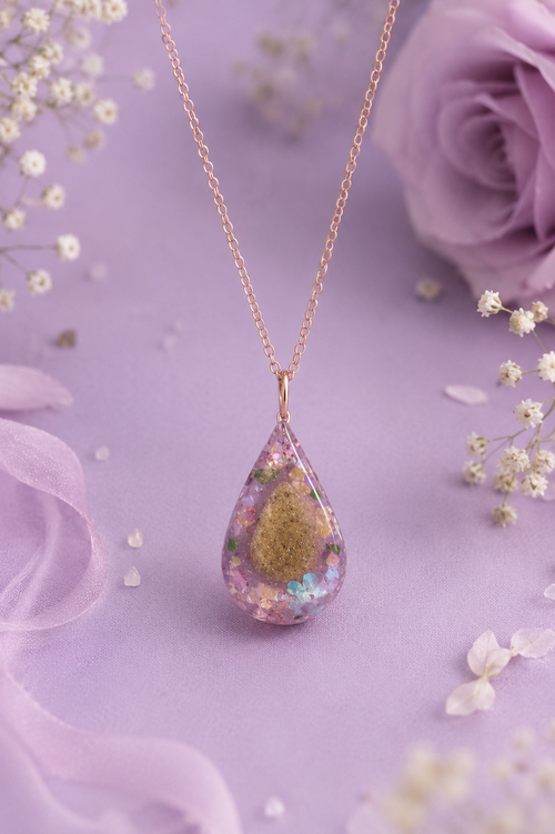 Double pour pink iridescent teardrop cremation memorial necklace with holographic confetti flakes and rose gold chain