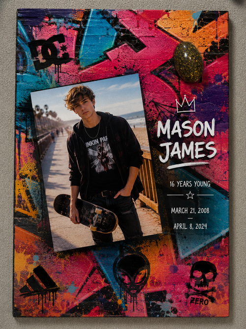Custom graffiti art memorial wood plaque with photo, painted background, custom icons, and resin cremation keepsake orb