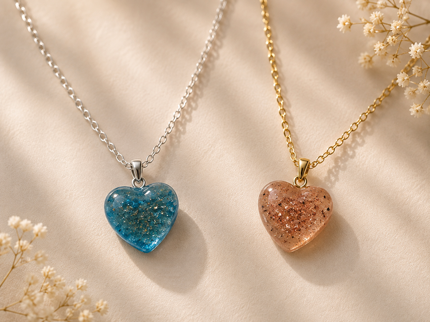 Blue and blush resin heart cremation necklaces on silver and gold chains, boy and girl colors