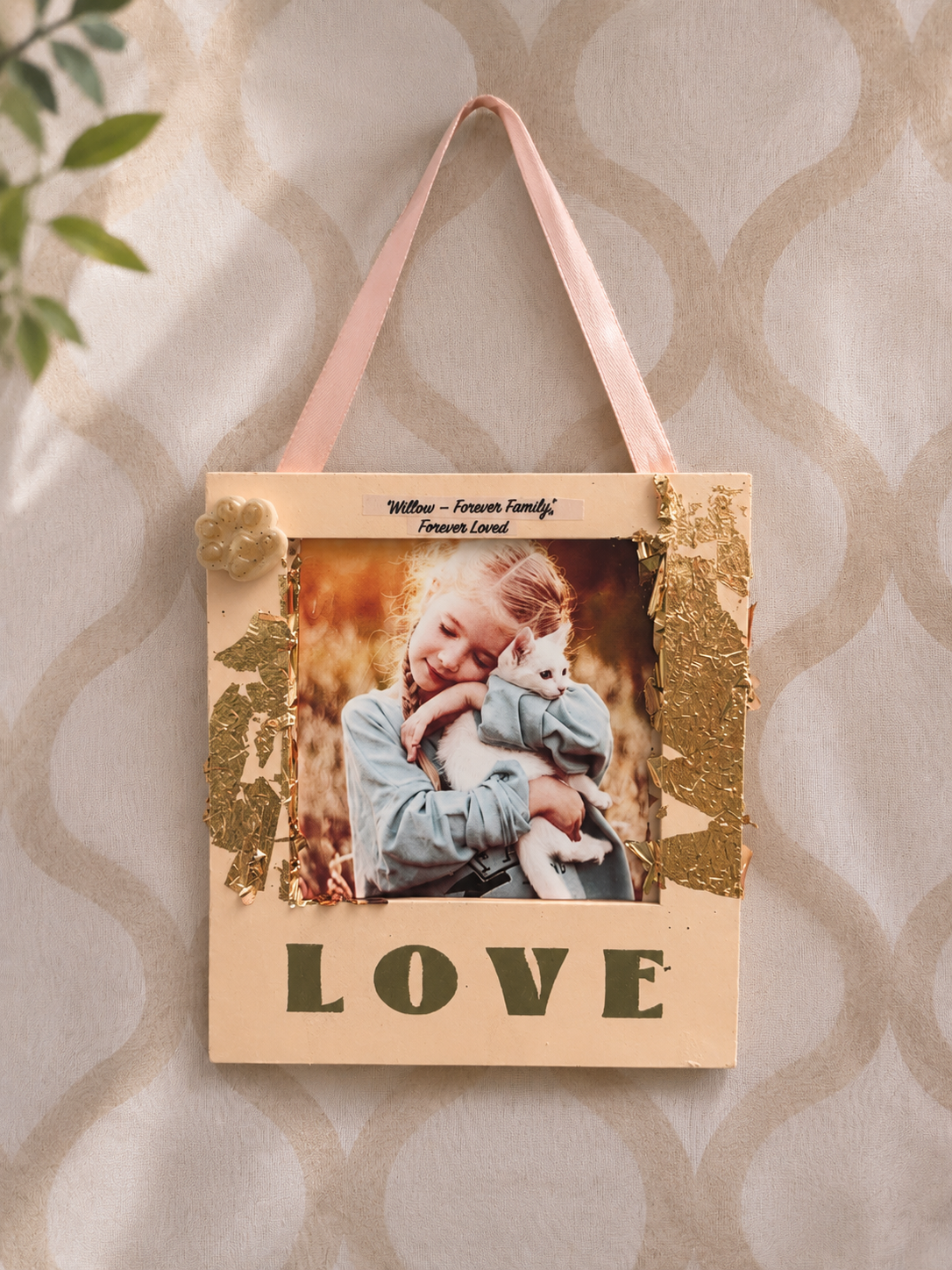 Forever Held LOVE Gold Leaf Memorial Plaque with Paw Pendant